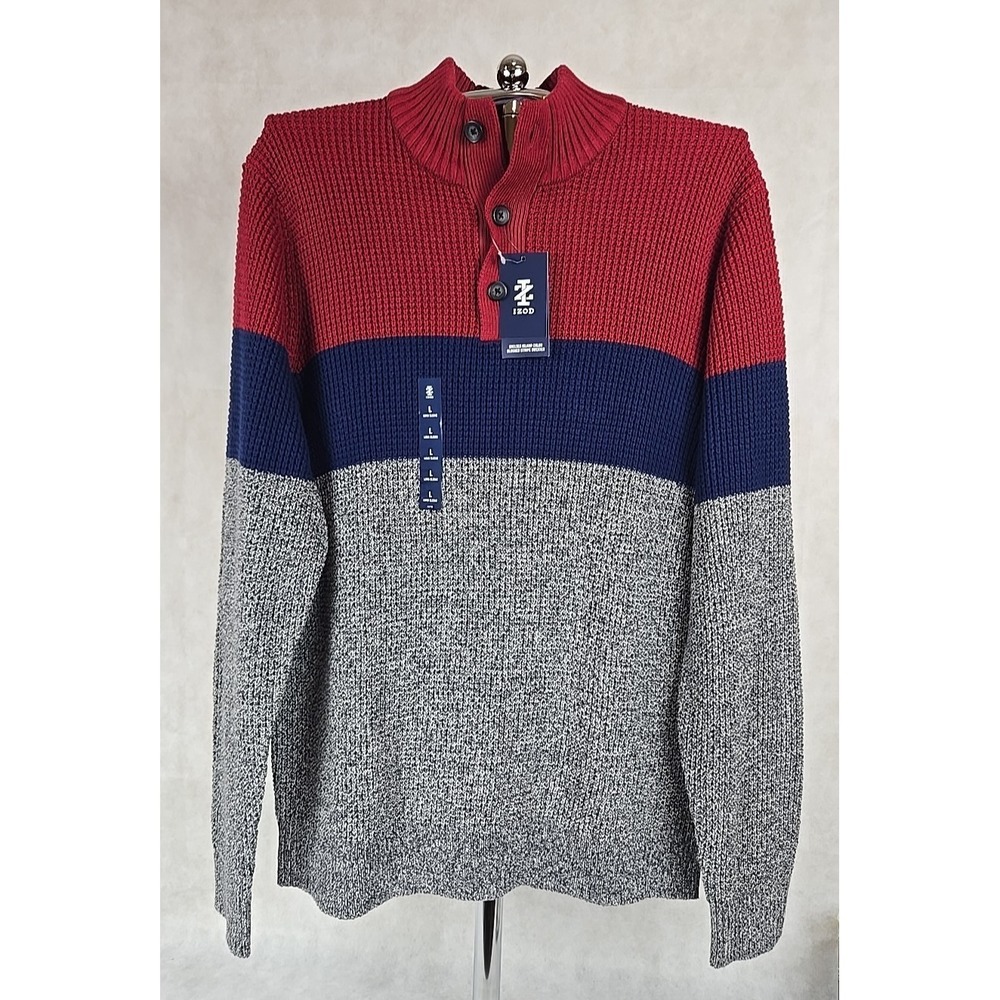 IZOD Mens Size Large Sweater Color Block Stripe Button Pullover‎ Red/Grey NWT